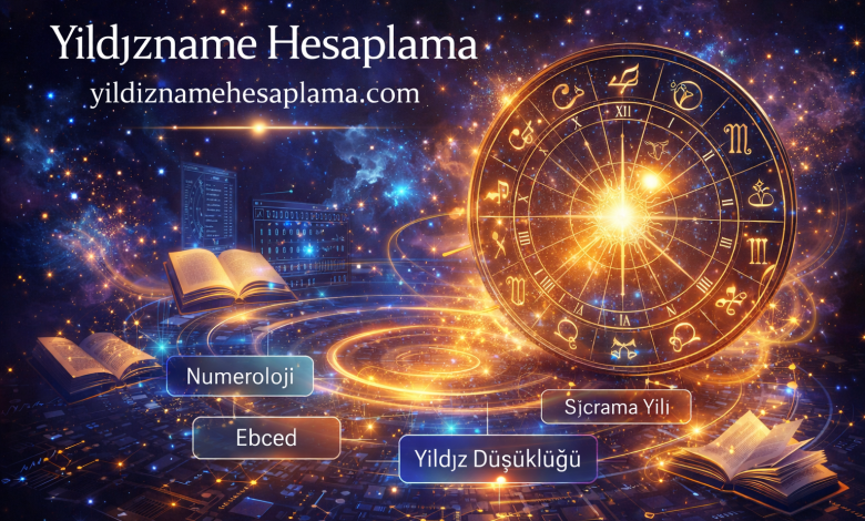 Yıldızname hesaplama sistemi, kader matrisi, ebced, numeroloji ve sıçrama yılı analizlerini gösteren astrolojik görsel