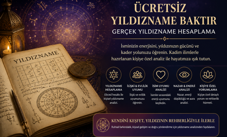 Ücretsiz yıldızname baktır ve gerçek yıldızname hesaplama temalı mistik görsel. Ebced hesabı, yıldızname analizi, ilişki uyumu, nazar ve enerji analizi üzerine hazırlanan spiritüel konseptli SEO uyumlu kapak görseli.