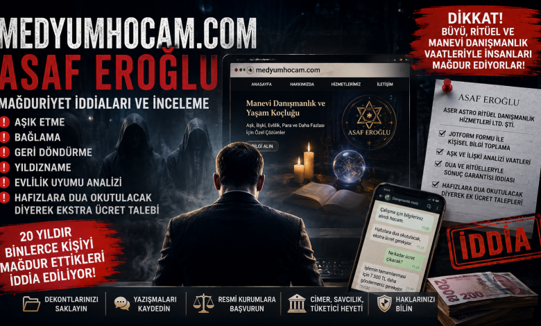 MedyumHocam.com ve Asaf Eroğlu hakkındaki şikâyet ve mağduriyet iddialarını anlatan bilgilendirici uyarı görseli